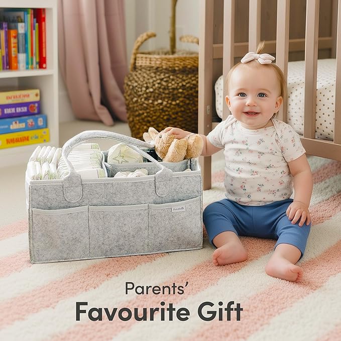 PUTSKA Nursery Storage Basket - Baby Diaper Caddy Organizer for Diaper Station, Newborn Essentials, Baby Shower Gifts and Registry Must-Haves for Boy or Girl