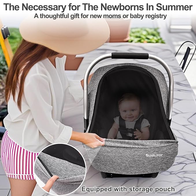 Baby Car Seat Cover, Large Mesh Window, Breathable Fabric, Infant Windproof Canopy, Universal Fit CarSeat Covers for Babies, Machine Washable, Gray