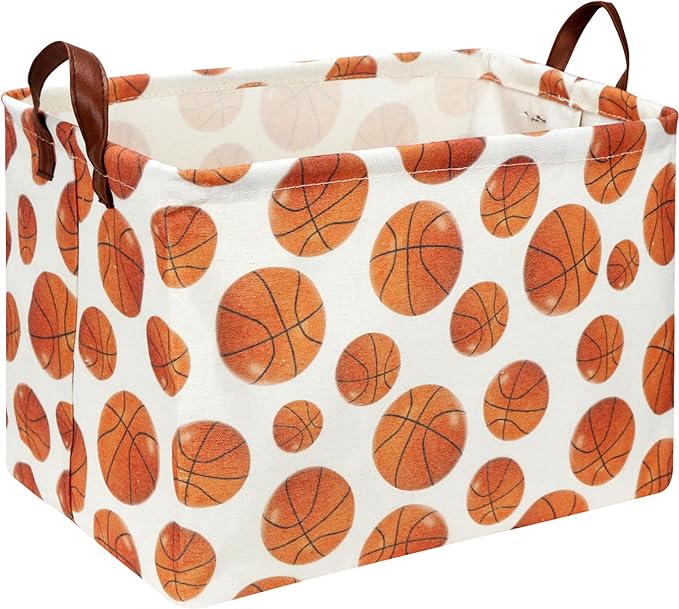 HKEC Rectangle Baksetball Print Storage Basket,Kid Toys Bin with Handles,Room Decor,Gift Basket(Basketball)