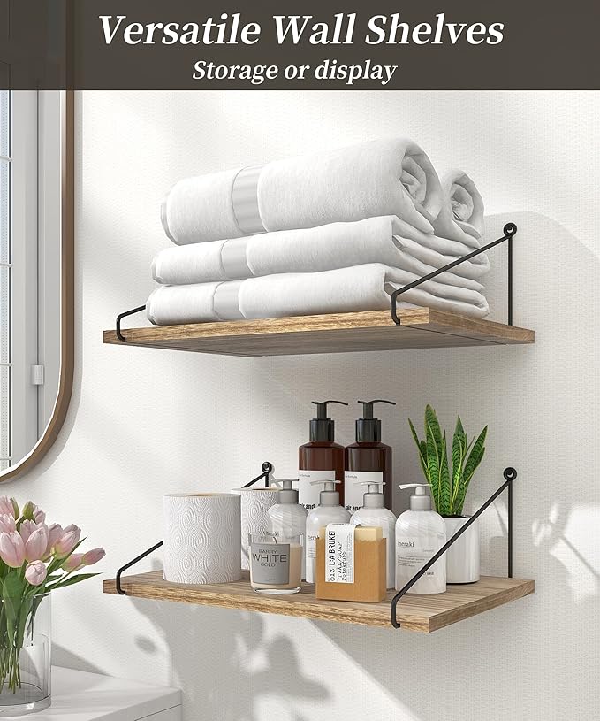 Afuly 12 Inch Deep Floating Shelves for Wall, Rustic Farmhouse Wall Mounted Hanging Shelf Large Wood Organizers Bookshelf, Set of 2