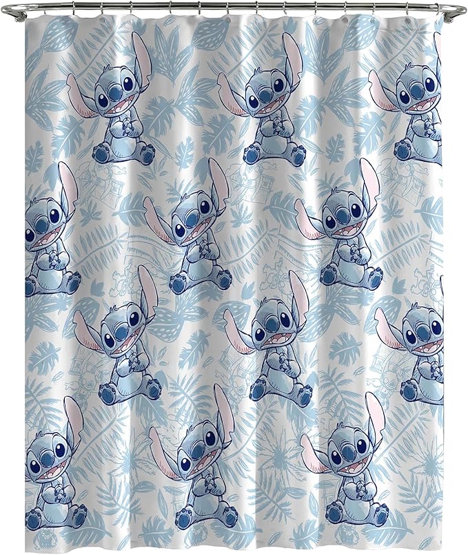 Jay Franco Shower Curtains Disney Lilo & Stitch Sunglasses & Surf Kids Fabric Shower Curtain, Featuring Stitch, 70 x 72 inches, Hooks and Rod not Included