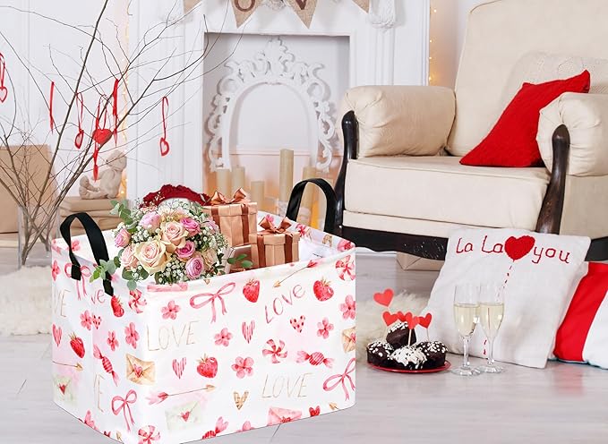 MAIZMZ Empty Gift Basket for Girls Heart Print Storage Cube for Women, Closet Shelf Waterproof Organizer Bins with Handles Nursery hamper Kids Toys Books Box Room Deco