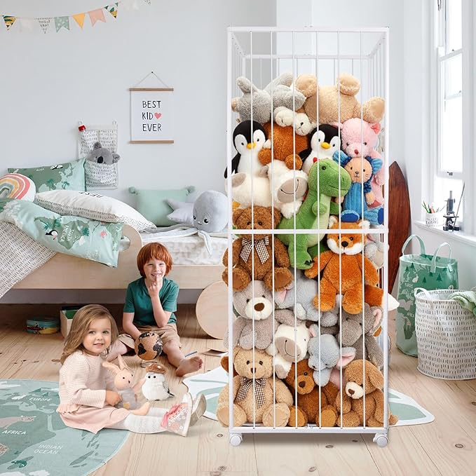 BETBEM Stuffed Animal Storage, Metal Tube Extra Large Toy Storage Organizer with Brake Wheels, Stuffed Animal Holder Zoo Organizer for Nursery Playroom Kids Room White(61” x 23.6”x 16.5”)