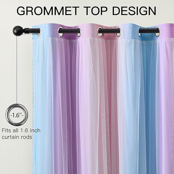 XiDi 100% Blackout Curtains with Sheer Overlay 84 Inches Long 2 Panels for Girls Bedroom Living Room Rainbow Pink Purple Blue Double Layer Curtains for Kids Nursery Unicorn Princess Grommet W52 x L84