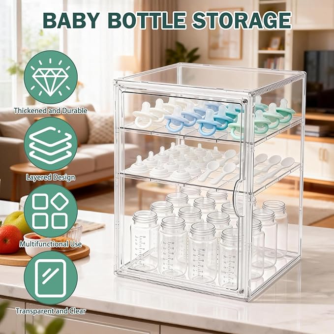Baby Bottle Organizer, 3 Tiers Acrylic Bottle Storage Organizer Container, Clear Plastic Bottle Station Organizer with 2 Adjustable Dividers for Kitchen Countertop, Bathroom, Cabinet, Vanity