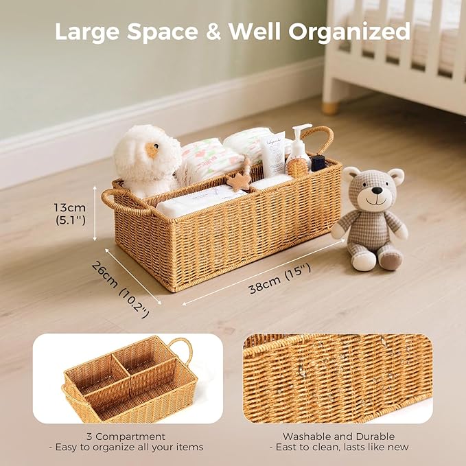 Diaper Caddy Organizer, Hand Rattan Nursery Baby Basket Changing Table Organizer for Baby Essentials, Baby Shower Gifts, Versatile Shelf Basket Bathroom/Kitchen Organizer (PE Rattan, L)