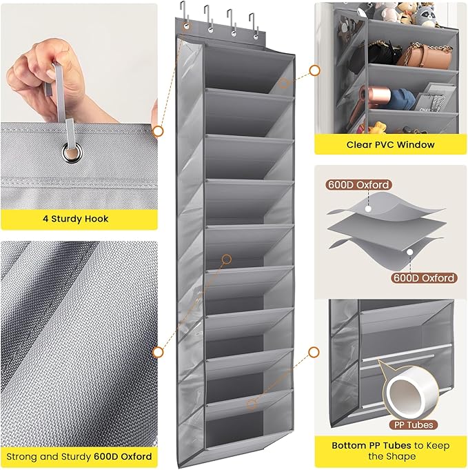 Mefirt 10 Tier Clear Over the Door Shoe Organizer with Deep Pockets, Door Shoes Rack with Hard Tube to Keep the Shape, Hanging Shoe Rack for Closet Organizers & Storage, Behind Door Shoe Holder Grey