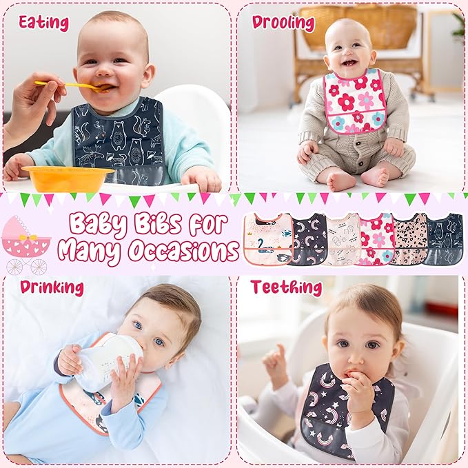2ooya 6Pcs Waterproof Toddler Bibs Baby Feeding Bib Set with Crumb Catcher Pocket, Infant Adjustable Baby Teething Bib, Babies Sleeveless Animals Food Bibs Keepsake Gift for Baby Shower, 6-24 Months