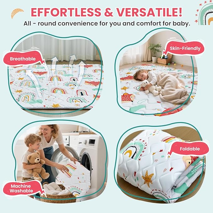 Duwenem Baby Play Mat for Floor,71x59 Inch Soft Foam Padding Crawling Mat for Playpen, Foldable and Machine Washable, Thick for Babies & Toddlers,Rainbow Fox