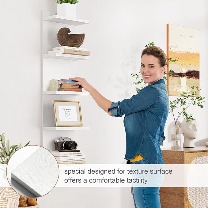 Fun Memories 5-Tier Wall Shelf Unit, 48" Tall Floating Storage Organizer for Bedroom, Living Room, and Home Decor, White Vertical Shelving Unit