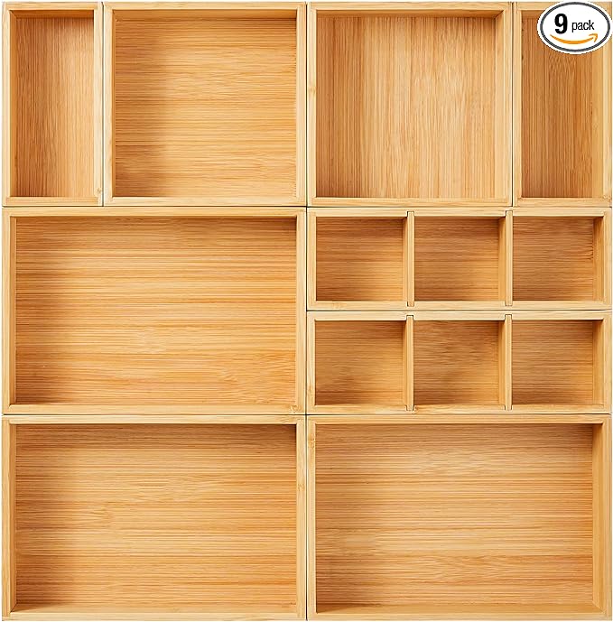 Fabsome Drawer Organizer, Set of 9 Bamboo Wood Kitchen Makeup Desk Junk Tea Drawer Storage Boxes Bins for Cutlery Silverware Utensils Flatware, Small Wooden Container Tray for Bathroom, Office