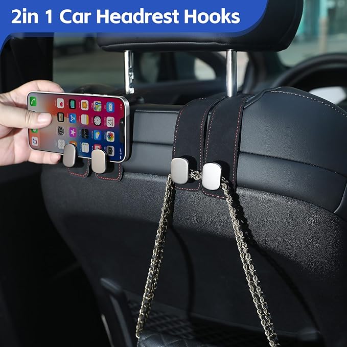 4 Pcs Car Headrest Hooks, Multi-Functional Purse and Bag Holder, Double Hook Seat Organizer for Car, Adjustable Car Storage Hooks for Easy Organization, Durable Car Accessories (Black)