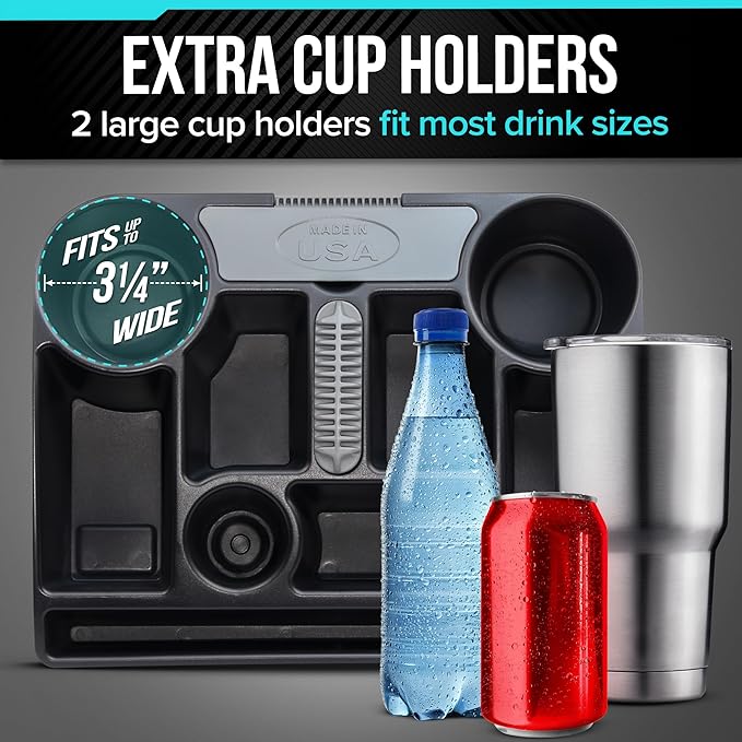 Vehicle Seat Organizer Car Storage Caddy with Carrying Handle, 2 Large Cup Holders, 10 Compartments, Hidden Extra Storage, Fits Most Vehicles, Made in USA from Recycled Plastic