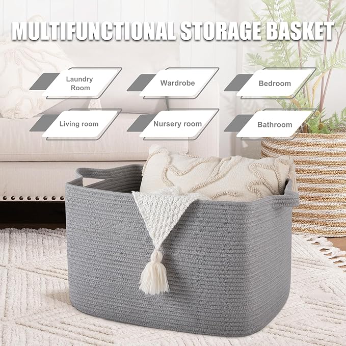 SIXDOVE 65L Large Storage Basket, Cotton Rope Woven Blanket Basket, Toy Storage for Baby Room, Living Room, Light Grey