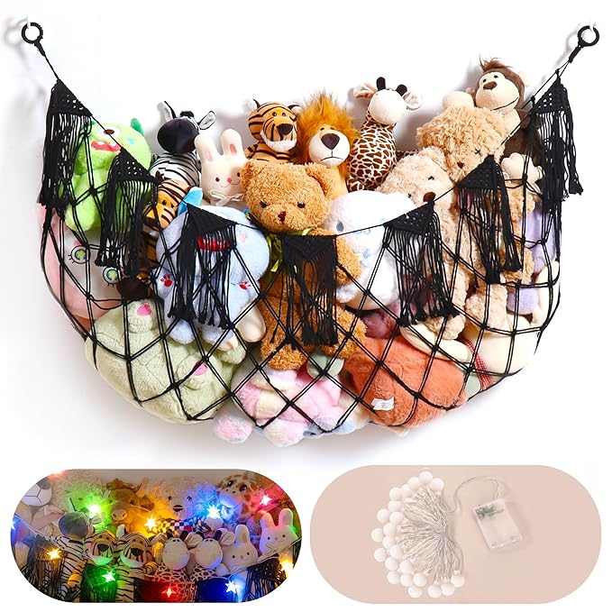 Boho Macrame Stuffed Animal Hammock with LED Lights, Wall Corner Hanging Plushie Net, Large Toy Organizer for Kids Bedroom Nursery Playroom & Dorm (Black XL)