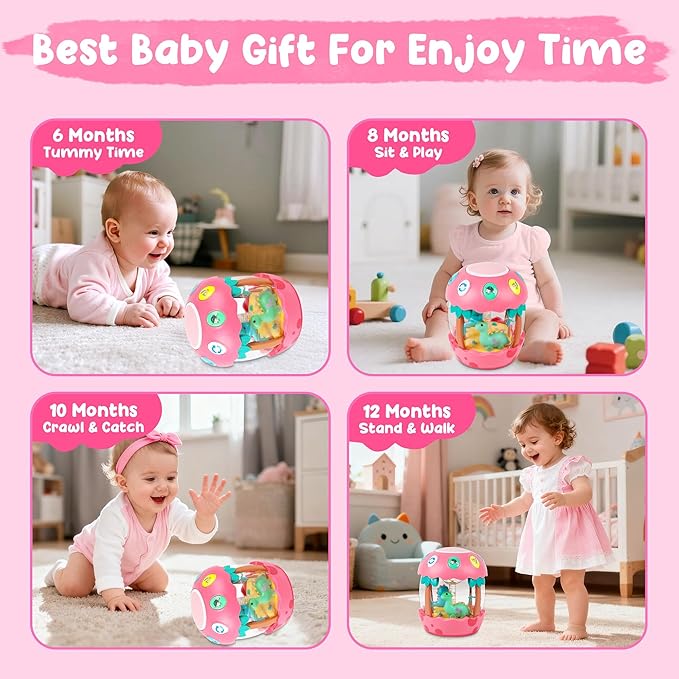M SANMERSEN Baby Girl Toys 6-12 Months, Dinosaur Rotating Light Up Musical Baby Toys for 0-6 12-18 Months Newborn Infant Crawling Tummy Time Toys, Birthday Valentines Day Baby Girl Gifts - Pink
