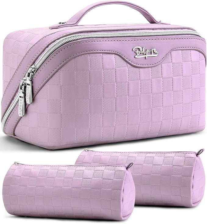BOYATU Travel Makeup Bag Organizer Cosmetic Bag: 3 Pcs Set Make up Bags for Women with Handle - Waterproof Vegan Leather Toiletry Bags Travel Essentials Pouch with Compartments (01-F-Purple)
