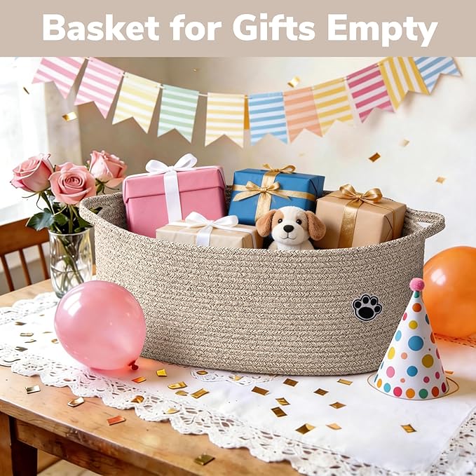 Large Dog Toy Basket, 19.7" X 11" X 7.9" Toy Storage Box for Nursery Living Room, Woven Rope Basket for Dog Cat Supplies Storage, Brown