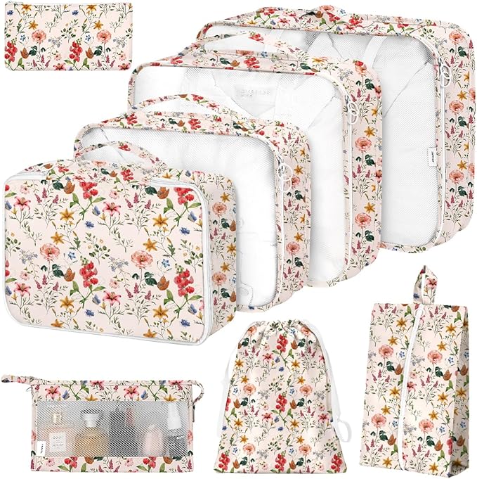 8 Set Packing Cubes for Suitcases, Packing Cube with Shoe, Cosmetics, Clothing, and Accessories Bags for Travel Luggage Organizer Women Men(Retro Flowers)