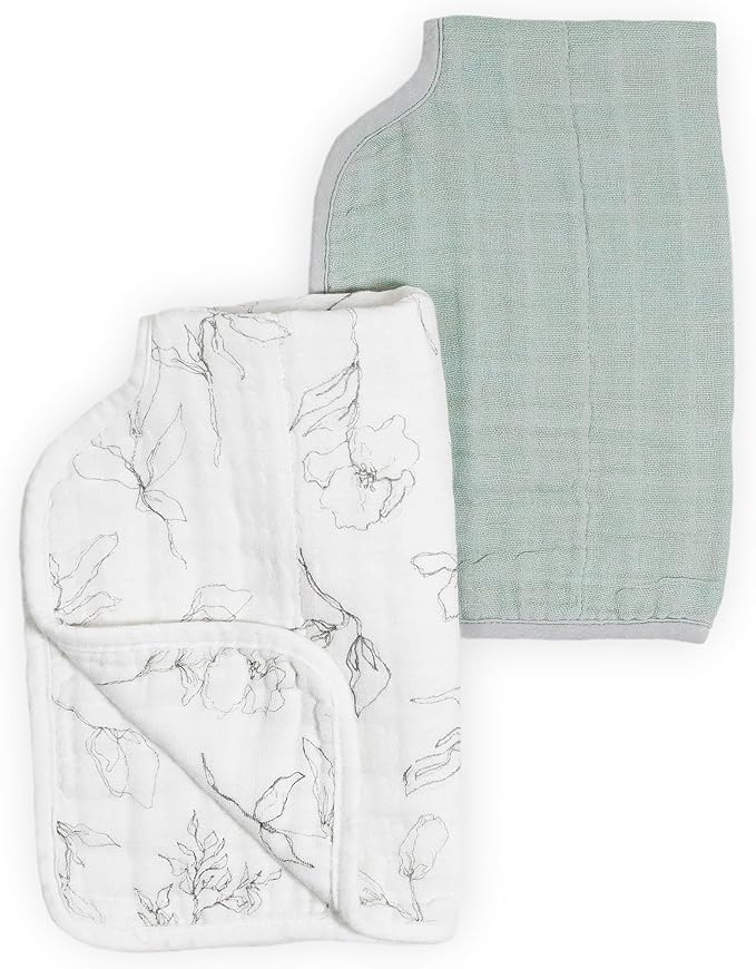 Little Unicorn 100% Natural Organic Cotton Burp Cloth 2 Pack | Ultra-Absorbent & Soft Muslin Fabric | Larger Size & Ergonomic Design (Pencil Floral + White Sage)