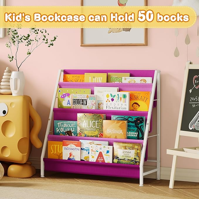 Kids Bookshelf for Kids Rooms, 4-Tier Montessori Bookshelf,Nursery Book Shelves,Pink Toddler Bookshelf, Metal Kid's Book Storage Organizer for Girls Room Furniture Playroom Kindergarten