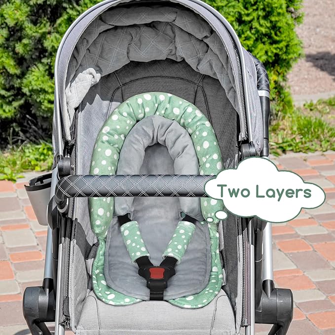 GFU Baby Car Seat Head Support for Newborn, 2 in 1 Infant Car Seat Head Body Support with Strap Pads, Soft Stroller Cushion Pillow Insert for Girls and Boys, Fits for Stroller, Swing, Green