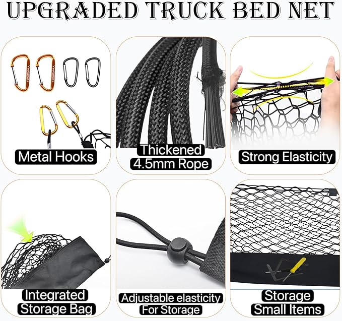 Highly Elastic Truck Bed Cargo Net Compatible with 2007-2025 Toyota Tundra,Envelope Style Truck Cargo Net for Tundra Accessories, Upgraded Storage Bag & Heavy Duty Carabiners