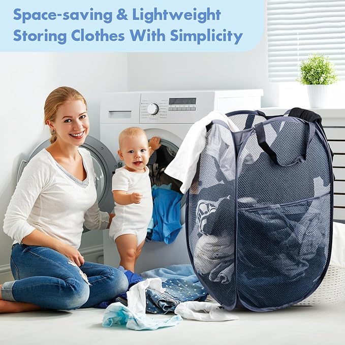 DUCOO Pop Up Laundry Hamper, 70L Collapsible Mesh Laundry Basket with Side Pocket, Foldable Dirty Clothes Hamper with Sturdy Reinforced Handles for Home Dorm Bedroom Travel Bathroom Storage, Blue