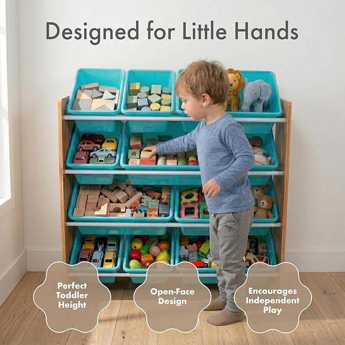 Humble Crew Toy Storage Organizer with 12 Removable Storage Bins for Kids Playroom, 4-Tier Toddler Toy Organization, Natural Wood/Aqua