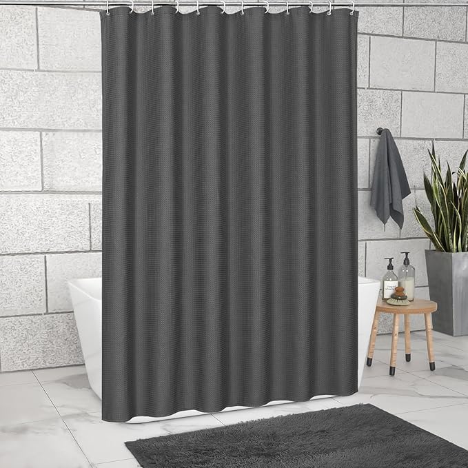 MitoVilla Extra Long Shower Curtain 72 x 84, Grey 84 inch XL Waffle Fabric Shower Curtains for Modern Luxury Bathroom Decor, Waffle Weave Textured Weighted Shower Curtain 84 inch, Charcoal Grey
