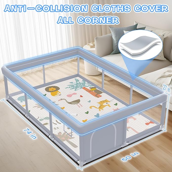XVISHX Baby Playpen with Mat, 74 x 50 Inch Playpen for Babies and Toddlers, Baby Playard for Indoor & Outdoor Active Center Game Fence, with Skin-Friendly Fabric and Soft Breathable Mesh, Grey