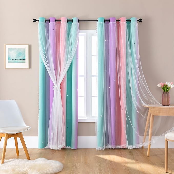 XiDi Curtains for Bedroom Decor, Kids Room Curtains for Girls Rainbow Colour, Pink Purple Green 52/120/1
