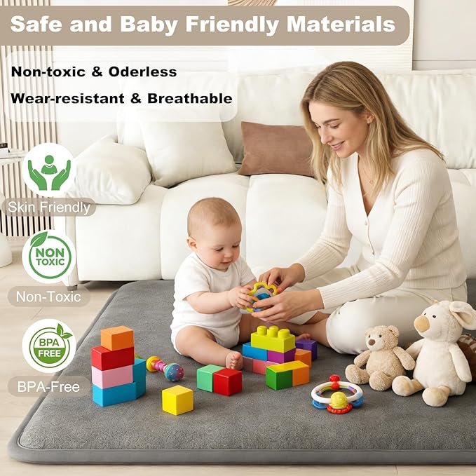 Baby Play Mat for Floor, 1.3" Thick Elasti-Foam Baby Play Mat, 71x59 Playpen Mat for Toddlers Infant Kids, Water Repellent Soft Coral Velvet Crawling Mat for Floor, Non-Slip Backing Safe Dark Grey
