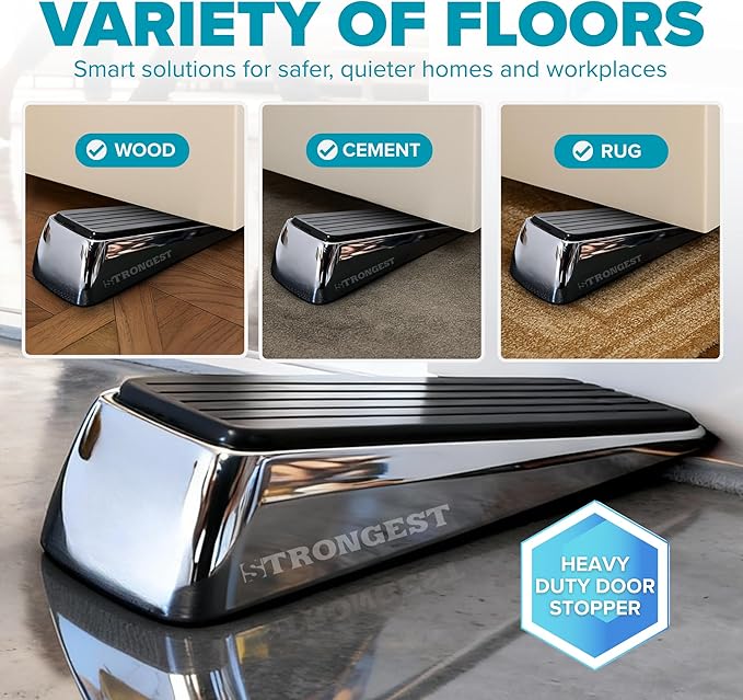 Strongest Home Heavy Duty Door Stopper Wedge 1 Pack Chrome | Non-Slip Rubber and Metal Door Stop for Heavy Doors | Work on Wood, Tile, Carpet + White Wall Protectors