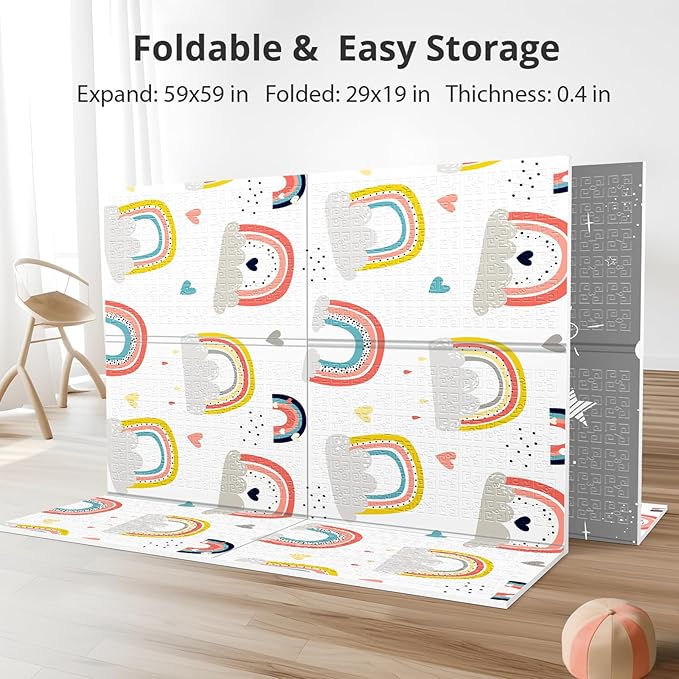 Foldable Foam Baby Play Mat for Floor, Babies Activity Tummy Time Playmat, Kids Non Toxic Foam Thick Play Mat for Baby, Toddlers, Waterproof & Anti-Slip Crawling Mats,Rainbow,59x59x0.4
