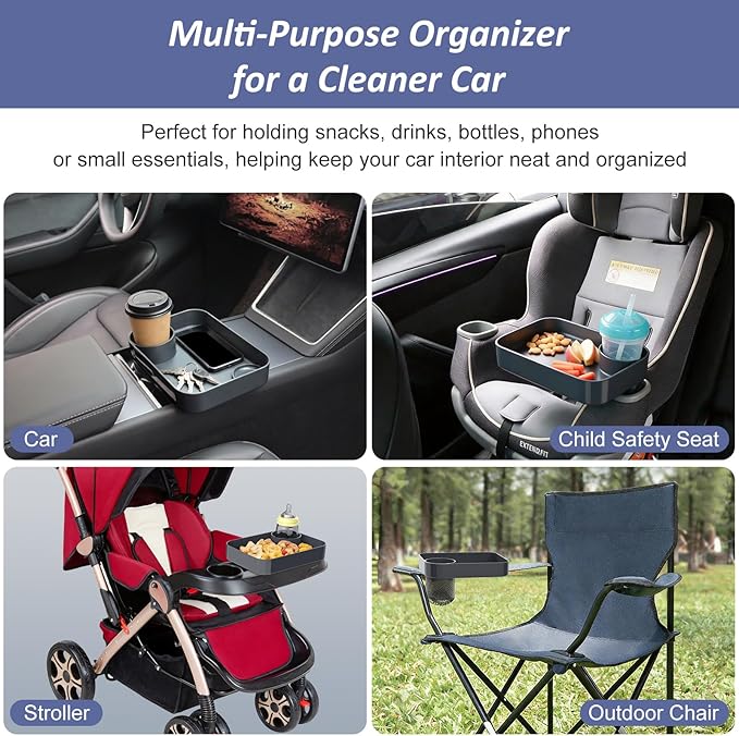 Car Seat Snack Tray for Kids, Mess-Free Square Travel Tray Cup Holder Snack Tray, Durable Car Food Tray for Toddlers, Universal Fit Kids Travel Road Trip Essentials (Dark Gray)
