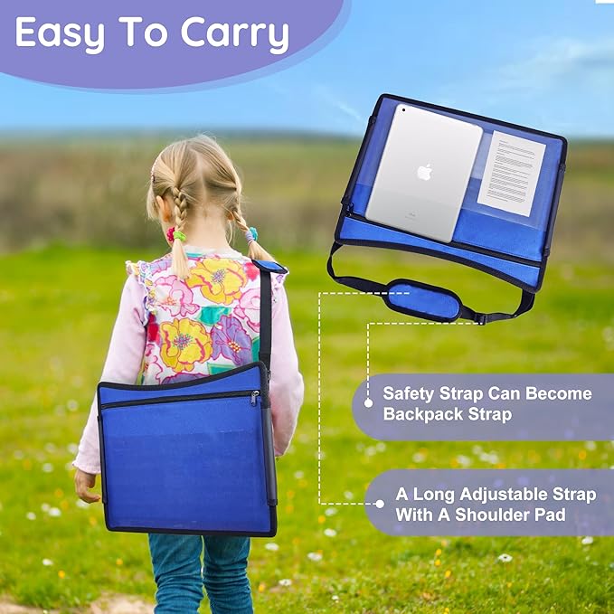 Kids Travel Tray for Car Seat, Toddler Road Trip Essentials with Dry Erase Board & Storage Organizer, Portable Carseat Lap Desk for Travel Activities, Blue