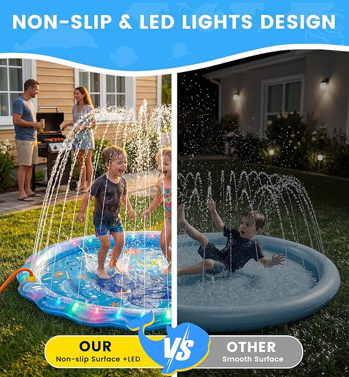 LED Glowing Splash Pad Sprinkler for Kids & Dogs, 60" Non-Slip Outdoor Water Toys Toddler Sprinkler Pool Splash Pad/Play Mat,LED Light Boys Girls Yard Sprinkler Pool for Kids