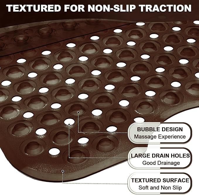 Bathtub and Shower Mats, 40x16 Inch Extra Large Non Slip Soft Bath Tub Mat with Suction Cups and Drain Holes for Bathroom Floor and Keep Tubs Clean, Machine Washable, Clear Chocolate