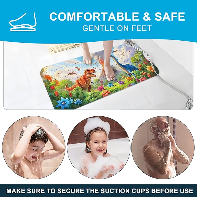 XIYUNTE Baby Bath Mat for Tub Non Slip Kids Bath Mat - 40''x16'' Extra Long Cartoon Turtle Baby Bath Tub Mat Eco-Friendly Toddler Bath Mats with Suction Cups & Drain Holes, Easy to Clean & Easy Drying