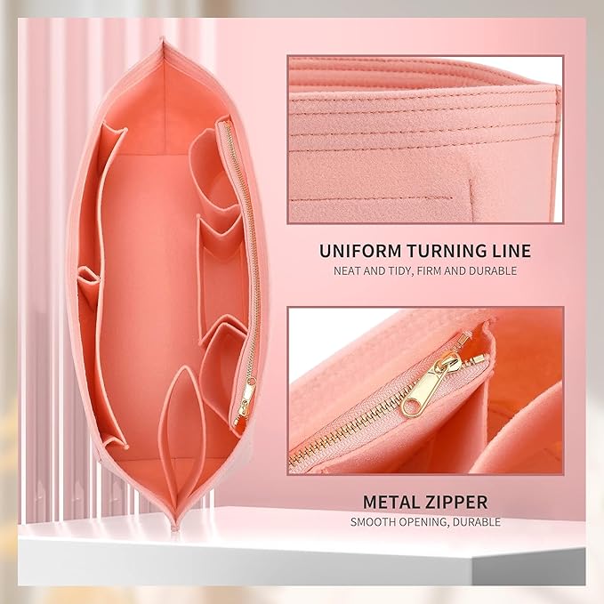 Purse Organizer Insert with Base Shaper Compatible with Neverfull PM and More, Bag Organizer for Luxury Tote Handbags, Pink, M