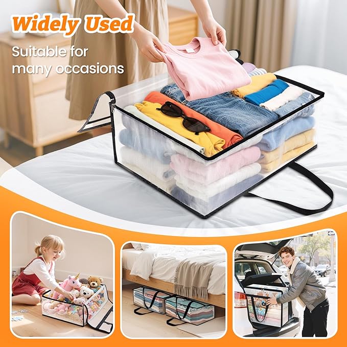 BlissTotes 4 Pack Clear Clothes Storage Bags, Moving Bags, Foldable Blanket Storage Under Bed Storage Containers with Sturdy Zipper and Handle for Clothing, Comforter, Bedding, Sheet (60L)