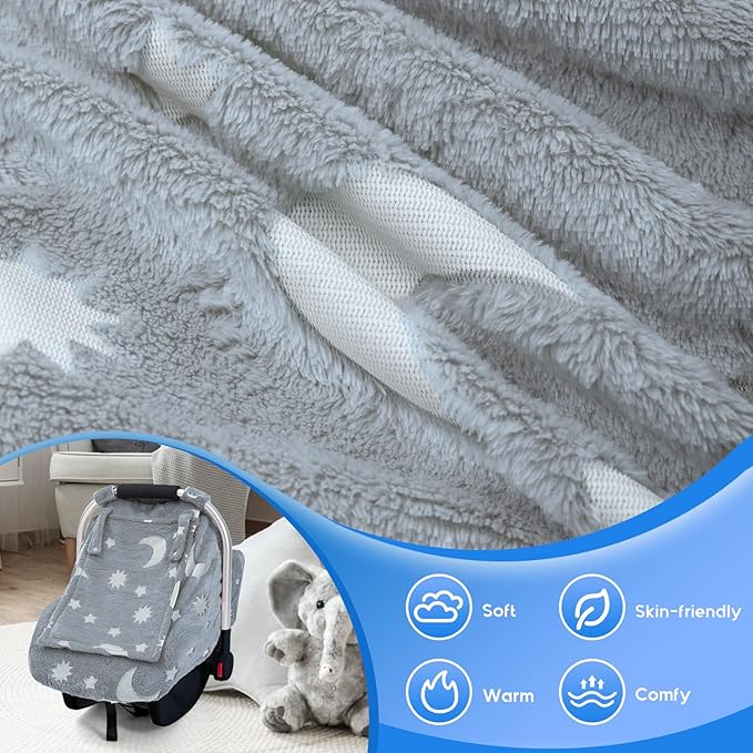Baby Car Seat Cover, Carseat Covers Baby Glow in The Dark, Fleece Plush Infant Car Seat Cover for Girls Boys, Car Seat Canopy with Peep Mesh Windows, Universal Carrier Cover for All Seasons