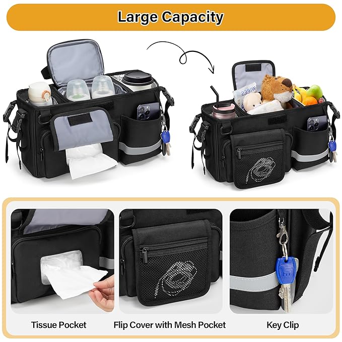 Parent Console Stroller Organizer Compatible with WONDERFOLD W&X, 2 Insulated Cup Holders, A Removable Cooler Bag, Black, Patented Design
