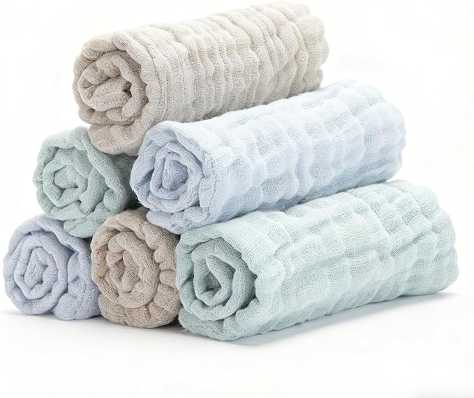 Bear Rocket Organic Muslin Baby Washcloths 6 Pack Baby Bath Face Towel 12x12 Inch Extra Absorbent and Soft Burp Cloth and Wash Cloths for Newborn-Infants On Sensitive Skin (Blue Green Brown)