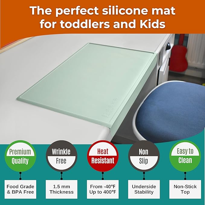Silicone Craft Mat for Painting, PlayDoh and Art Projects with Angle-Protective Safety Edge – Toddlers & Kids Placemat – Non-Slip & BPA-Free Food Mat – 1.5mm Thick, 24"x16", Sage Green