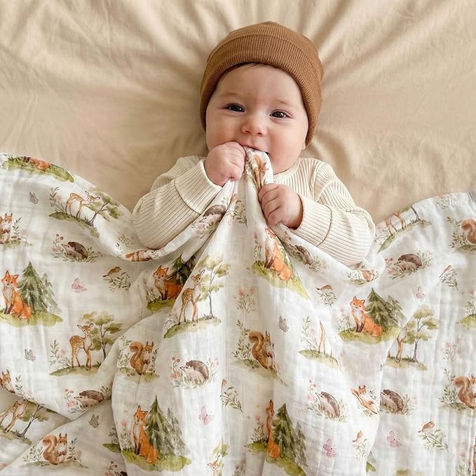 Muslin Swaddle Blankets for Newborn, 4 Pack Cotton Baby Blankets Neutral, Large 31.5 x 43.3 Breathable Soft Receiving Blanket, Essentials Swaddle Wrap Burping Clothes, Green Jungle Animal