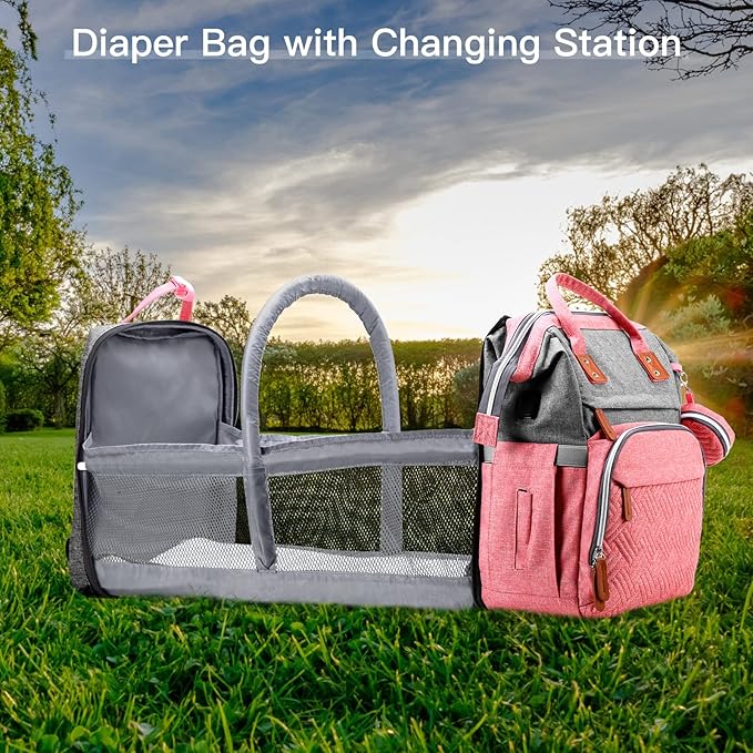 ISMGN Diaper Bag Backpack with Changing Station, Large Diaper Bag, Baby Bag, Multifunctional Diaper Bag, Pinkgray