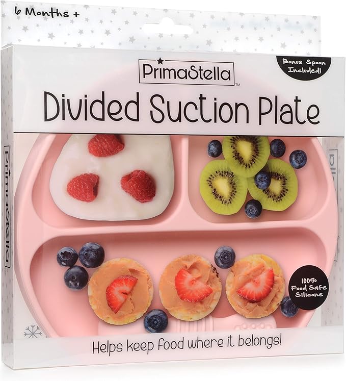 PrimaStella Unbreakable Silicone Non-Slip Baby & Toddler Plate and Spoon Feeding Set - Pink