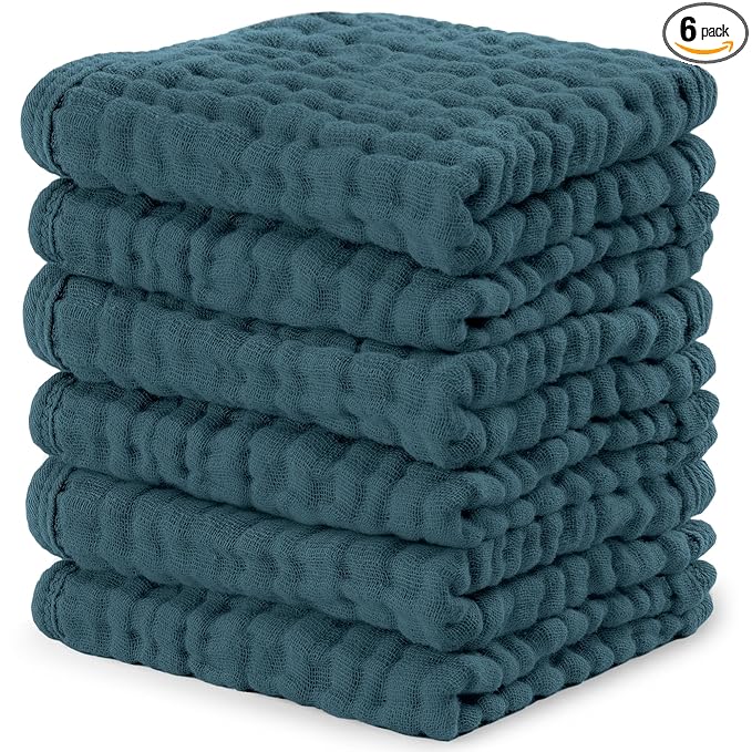 Comfy Cubs Muslin Baby Washcloths 6 Pack - Soft 6-Layer Cotton Wash Cloths for Sensitive Skin - 10"x10" Large, Gentle, Absorbent Infant Essentials for Newborn and Toddlers - Neptune